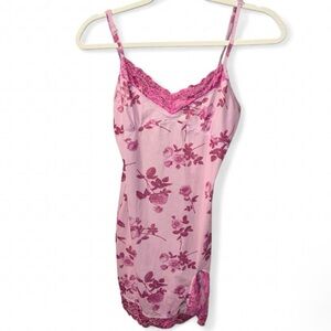 Sheer pink slip dress with lace trim and adjustable straps